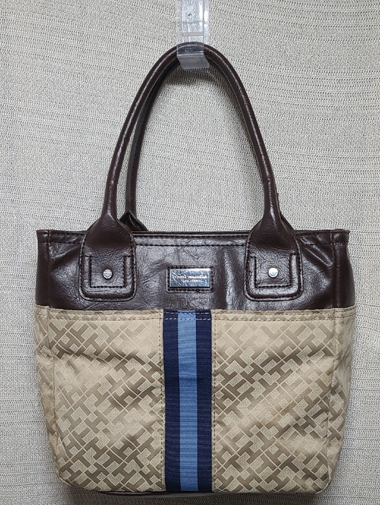 Tommy Hilfiger Handbags - Tommy Hilfiger monogram canvas & brown faux leather tote bag with blue strip EUC